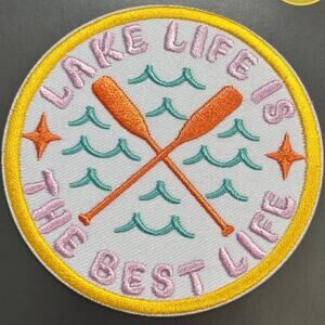 Embroidered 3" Circle Patch Lake Life Is The Best Life Paddles Waves Iron On NWT
